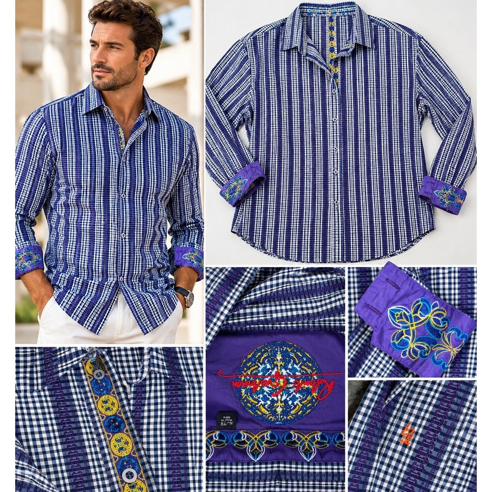Robert Graham Men's Blue and Navy Shirt Size Xl Long Sleeve(13-b46)